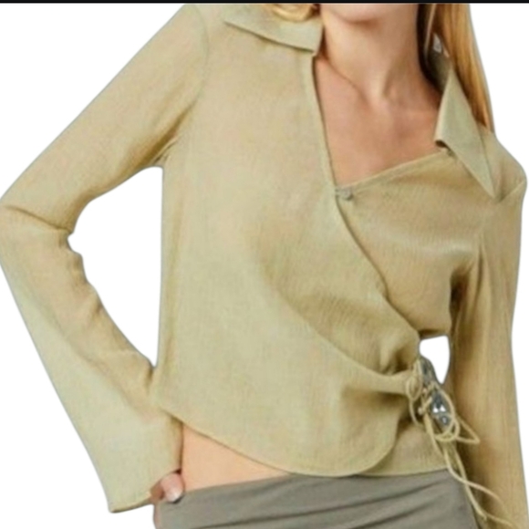 NEW Topshop Womens Long Sleeve Button Front Wrap Top in Khaki, Size 4 - Picture 1 of 6